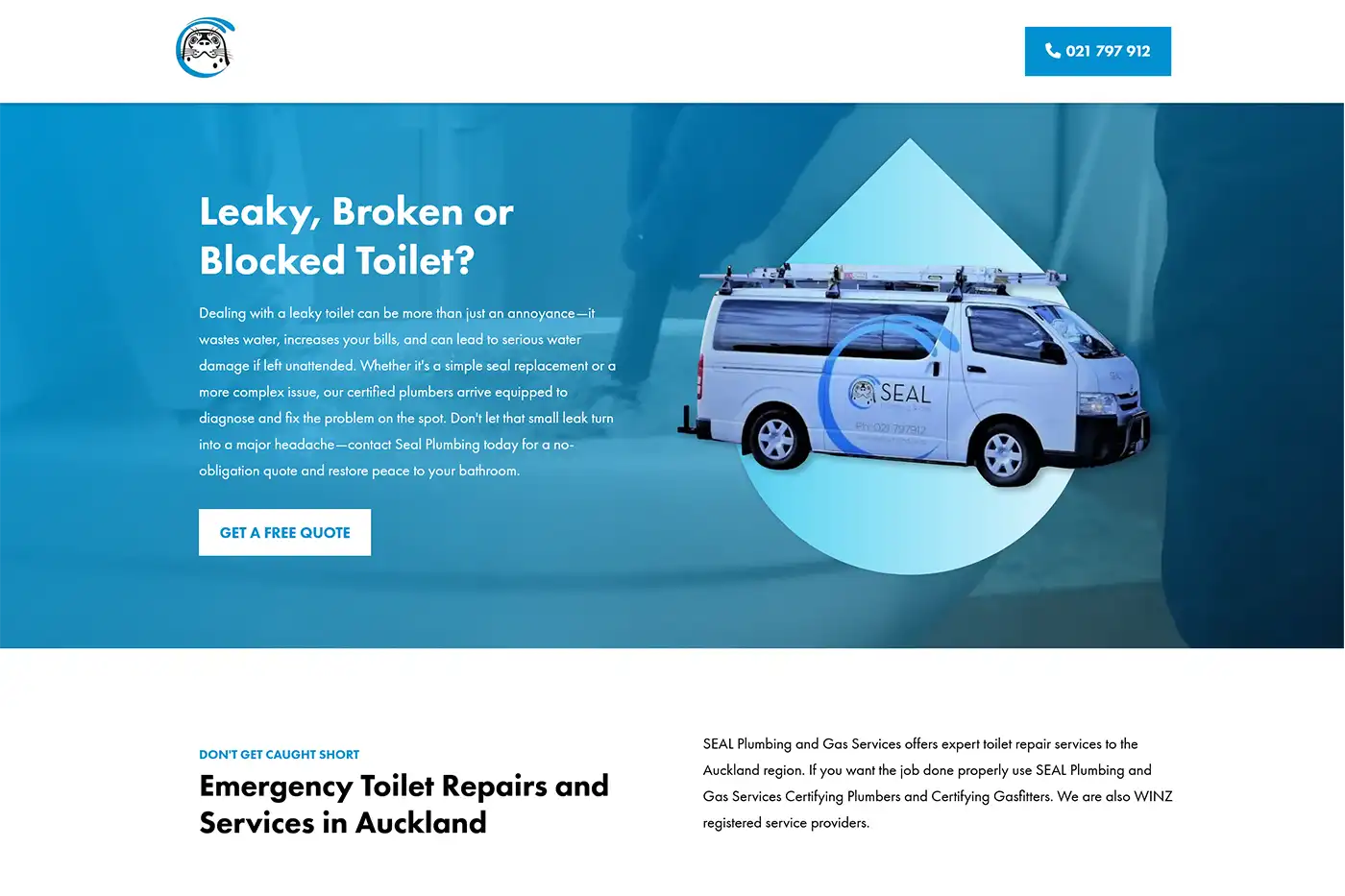 SEAL Plumbing Auckland landing page Image